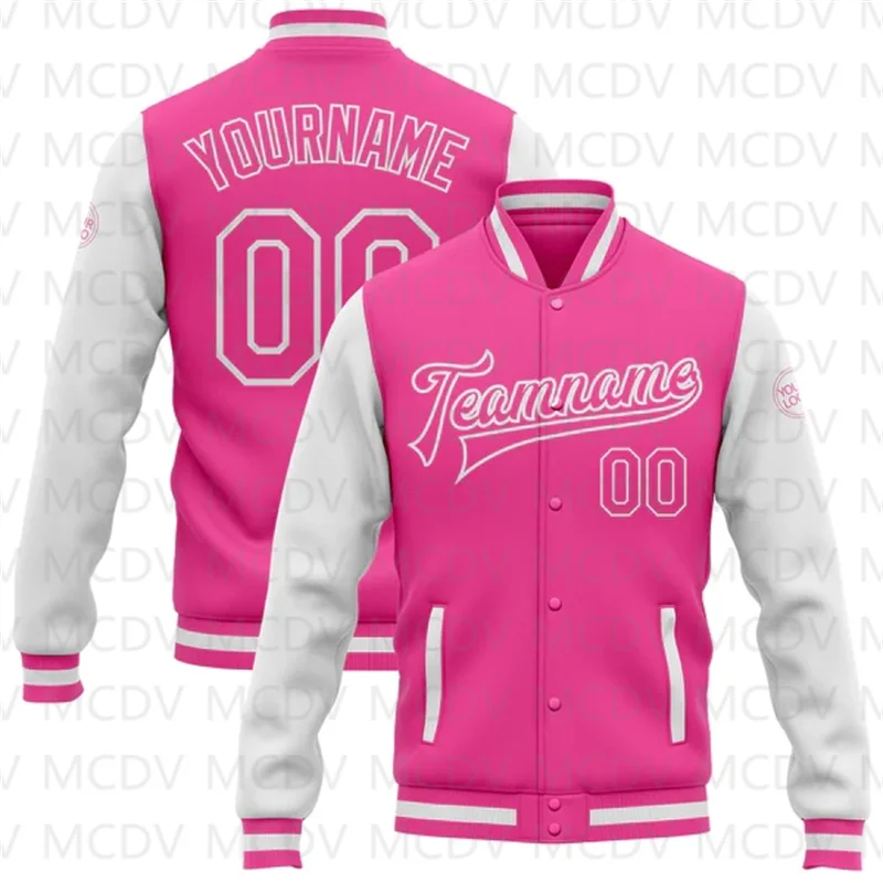 

Custom Pink Pink-White Bomber Full-Snap Varsity Letterman Two Tone Jacket