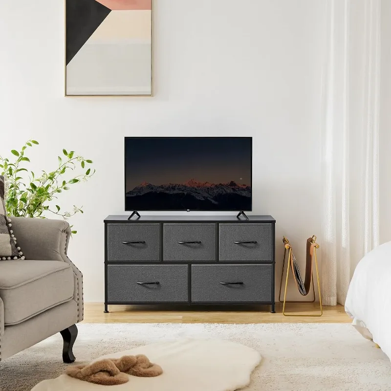 

Комод для спальни с 5 ящиками, широкий комод, тканевый комод для спальни с органайзерами для ящиков, модуль для хранения вещей