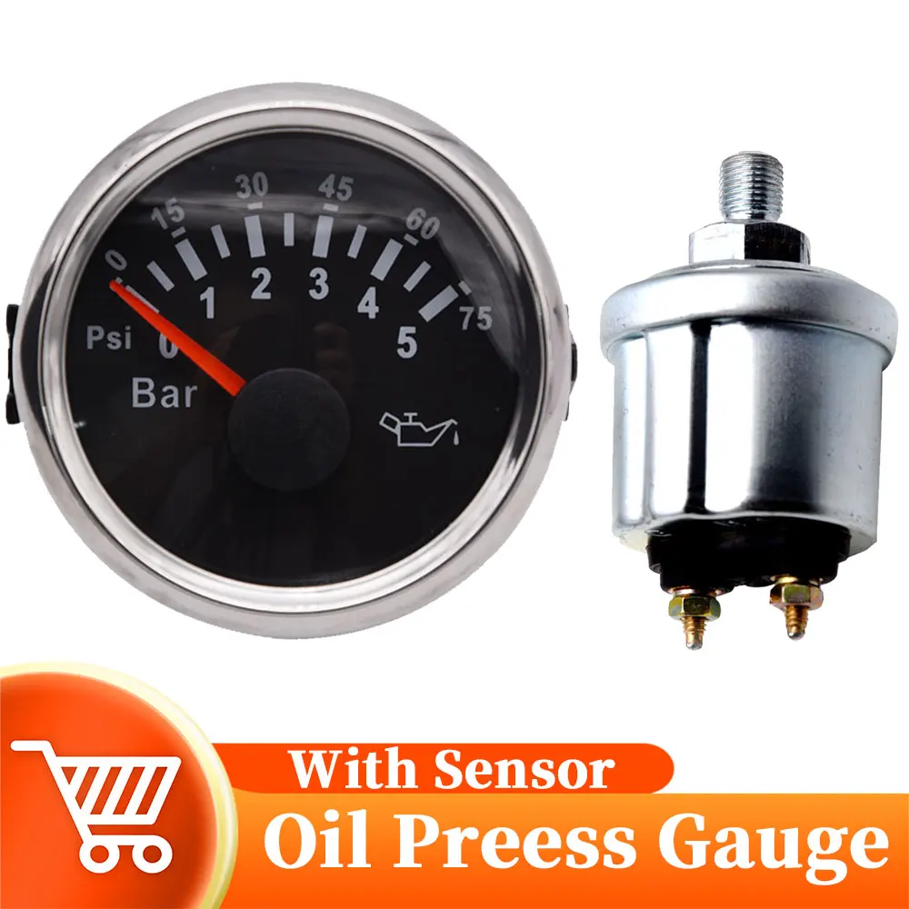 

52mm Universal Oil Pressure Gauge 0-5 Bar With Oil Press Sensor Oil Press Meter For Motor Marine Yacht Boat 12/24V