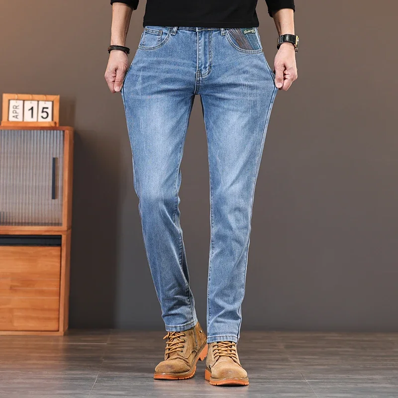 Fashion Slim Jeans Men's Straight Stretch Small Feet Korean Trousers Male Youth Embroidered Denim Pants Streetwear