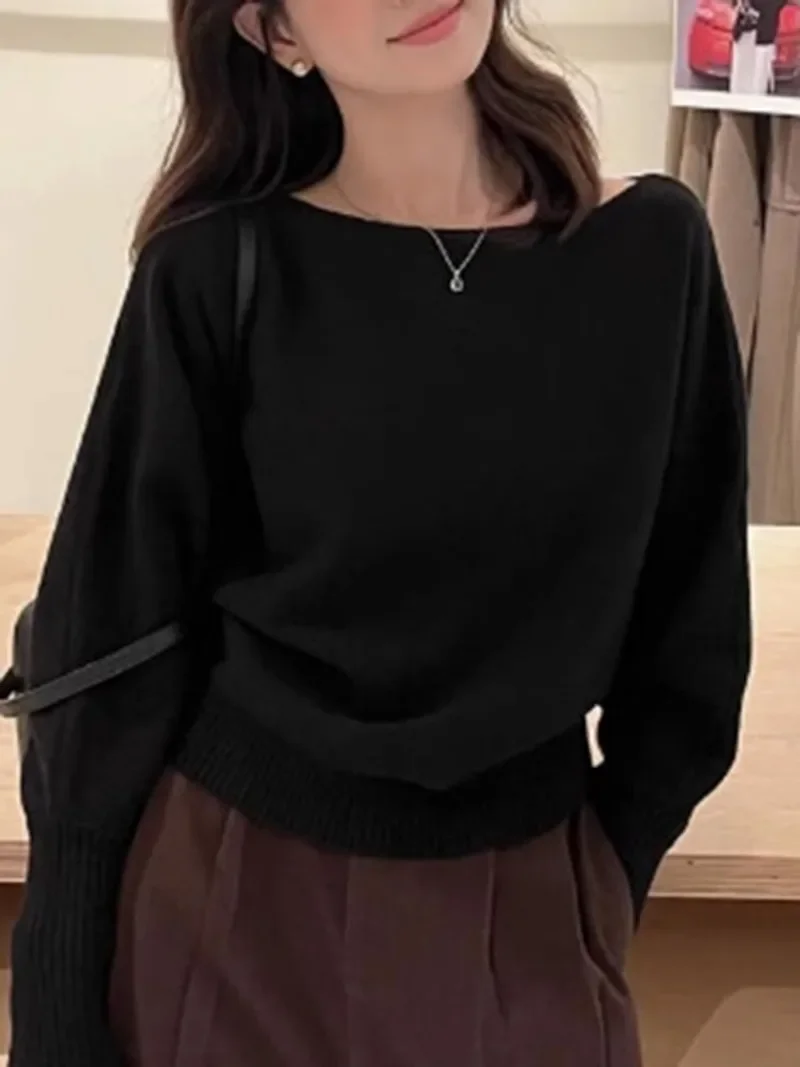 Batwing Sleeve Off‑Shoulder Sweater Women Slash Neck Rib‑knit Cropped Korean Autumn Winter Casual Daily Knit Pullover Tops