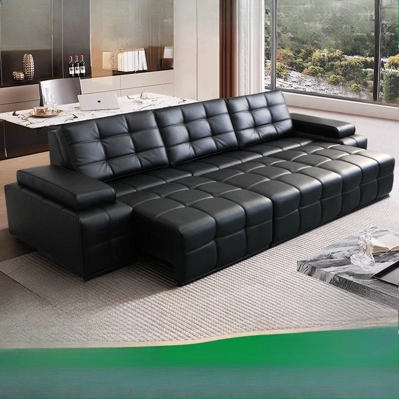 Leather electric sofa bed zero against the wall multi-functional living room straight row three-person retractable