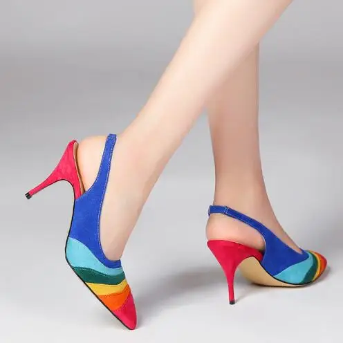 Red Orange Yellow Green Blue Rainbow Striped Pointed Toe Shallow Slip On 8 CM Thin Heels Elastic Band Summer Sandals Women Shoes