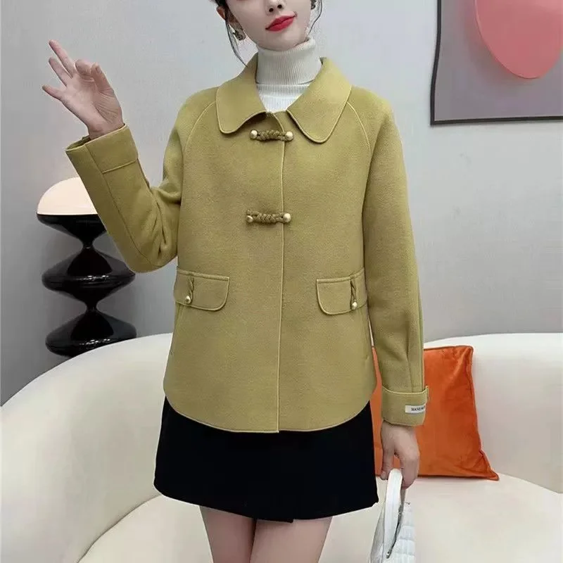

Fashion Chinese-style Double-sided Cashmere Coat Women's Short Wool Blends Overcoat Autumn Winter Thicken Loose Woolen Outerwear