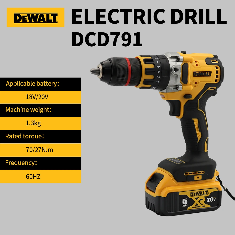 

Dewalt DCD791 Cordless Electric Drill Brushless Motor 20v 2000rpm 70Nm LED Torque Set Multi Protection Universal 18v Battery