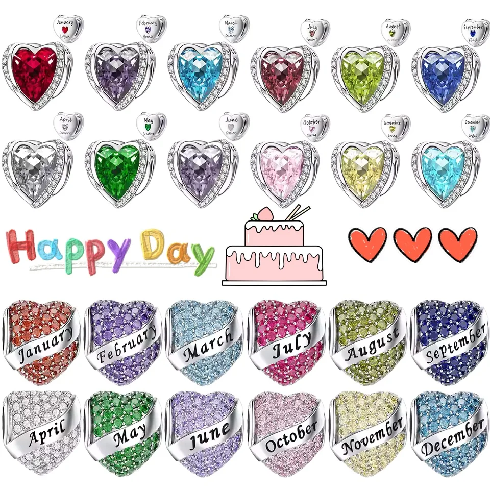 New 925 Sterling Silver 12 Months Birthstone Heart Charm Bead Fit Bracelet Necklace keychain Fashion DIY Jewelry Gift Accessory