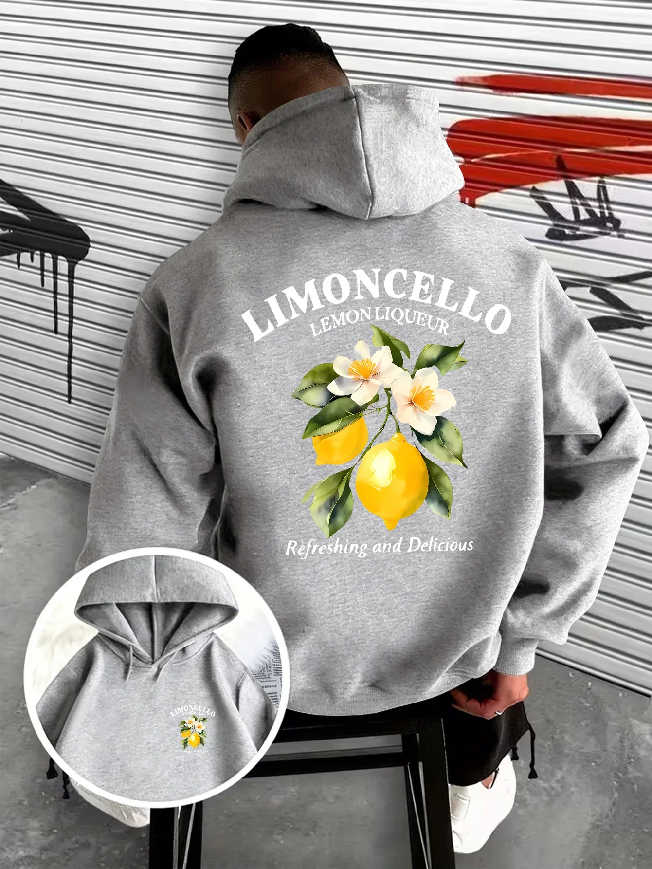 Men's Autumn/Winter Hooded Sweatshirt with Lemon Liqueur Watercolor Fruit Print Hip Hoo Street Style Fleece Pullover Sweatshirt