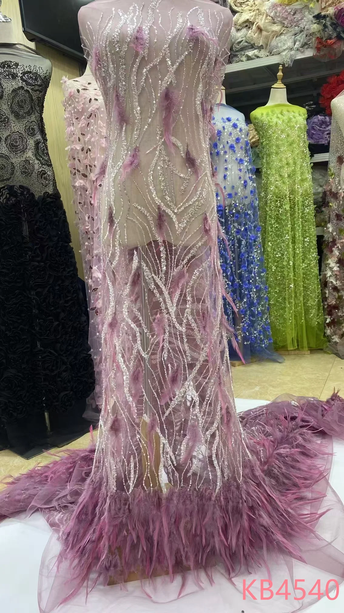 

2025 Purple Feather Beaded Lace Fabrics With Sequins African Wedding Party Dress Pink Beaded Sequin Tulle Lace For Sewing KB4540