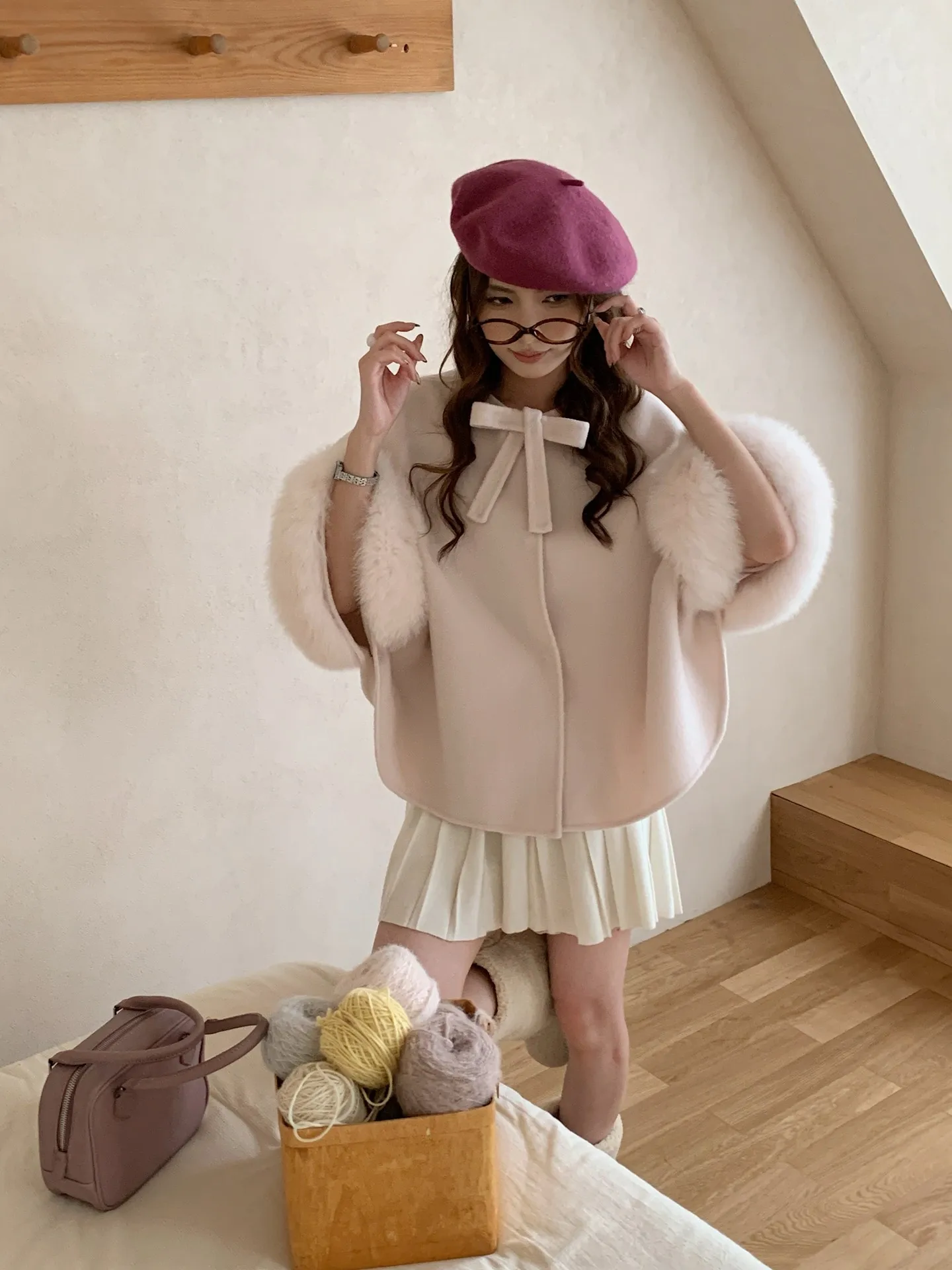 Cookie Mengmeng 2025 Winter New retro checkered fox fur cape, double-sided woolen cashmere coat, woolen jacket for women