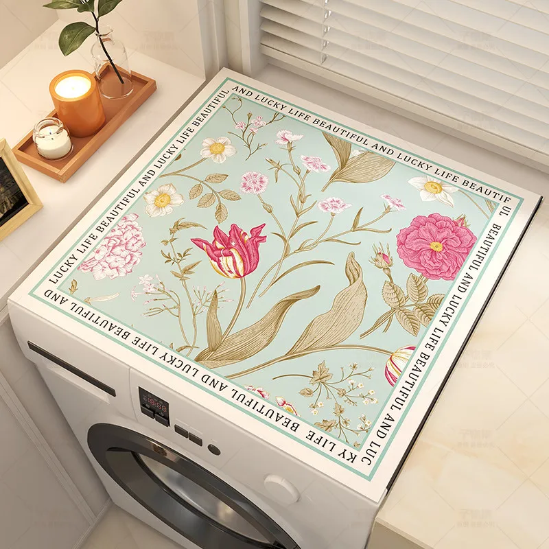 VIKAMA Vintage Tulip Floral Washing Machine Top Mat Mint Green Letter Border Waterproof Anti Dust Dryer Cabinet Pad