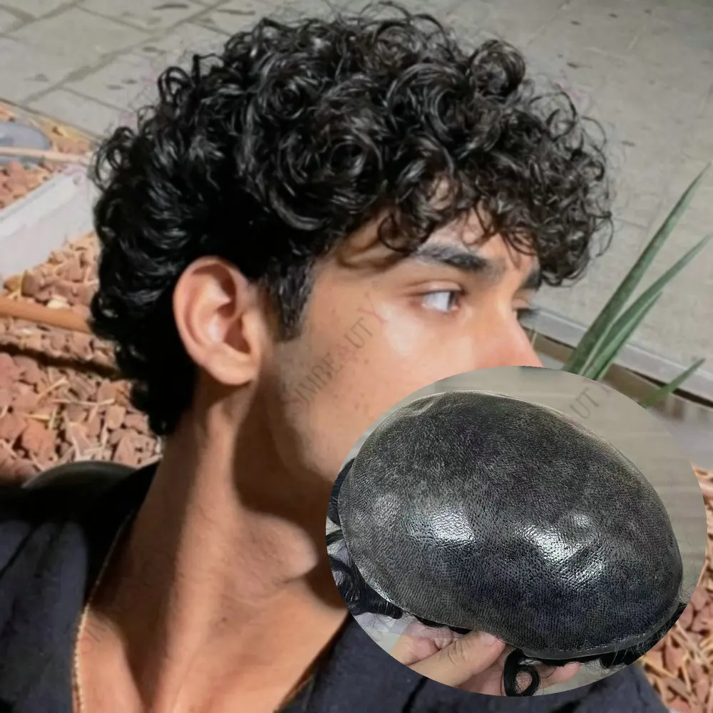 

24mm Black Natural Loose Curly Men's Toupee Human Hair Durable Thin Skin Full Pu Base Male Prosthesis System Natural Hairline