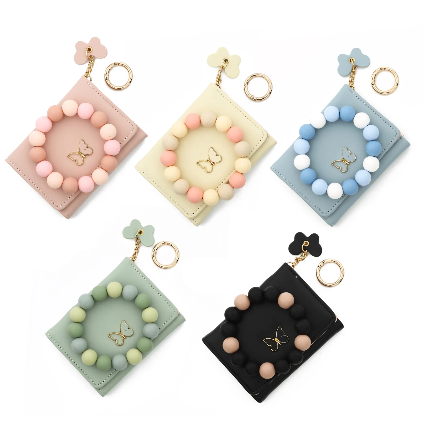 Silicone Bead Bracelet Solid Leather Card Bag Wristlet Keychain Silicone Beaded Bracelet Leather Tassel Butterfly Wallet Bangle