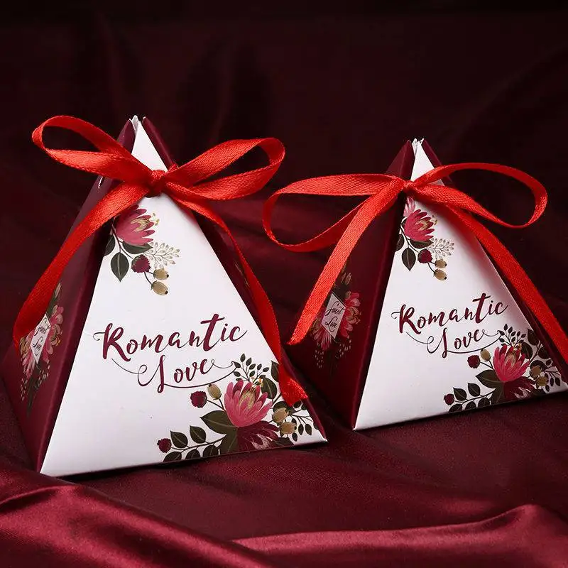 Creative Promotional Exquisite Triangular sweet Camellia rose Flower Wedding Favors Candy Boxes Chocolate Gifts Box Ribbon Tag