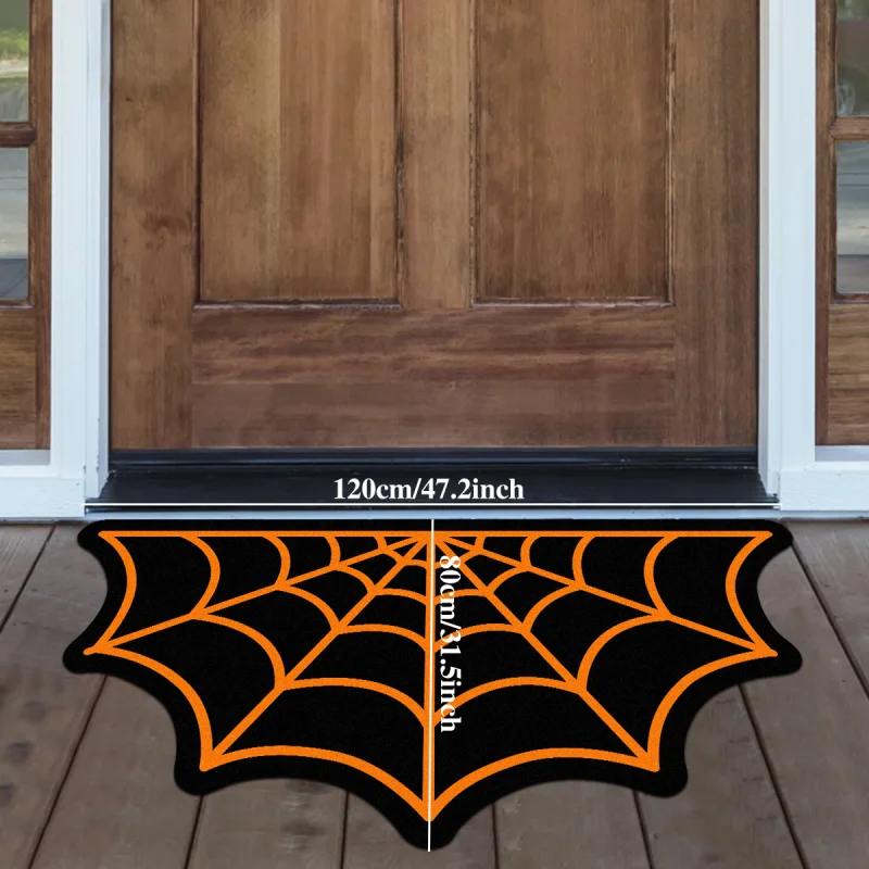 VIKAMA Halloween Spider Web Shaped Doormat Orange Web Print Non Slip Water Absorbent Front Door Entrance Decor Floor Rug