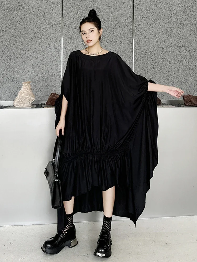 XITAO Black Irregular Batwing Sleeve Dress Loose Fashion Folds Patchwork Hem 2024 Summer New Personality Women WLD20226