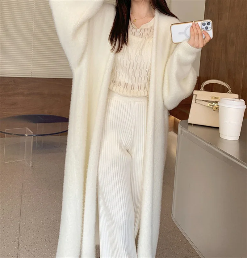 Long Cardigan for Women Cardigans 2024 Autumn Winter Knitted fluffy Sweater Fashion Loose Outerwears Korean Popular Clothes