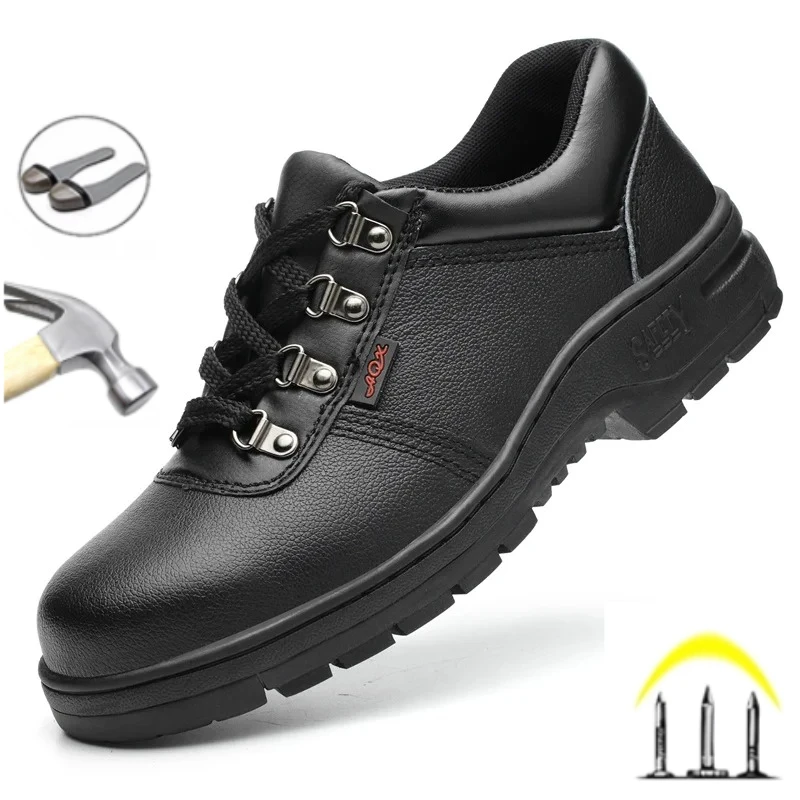 Black Leather Men Work Safety Shoes Steel Toe Cap Anti Smashing and Anti Piercing Construction Labor Protection Boot Footwear