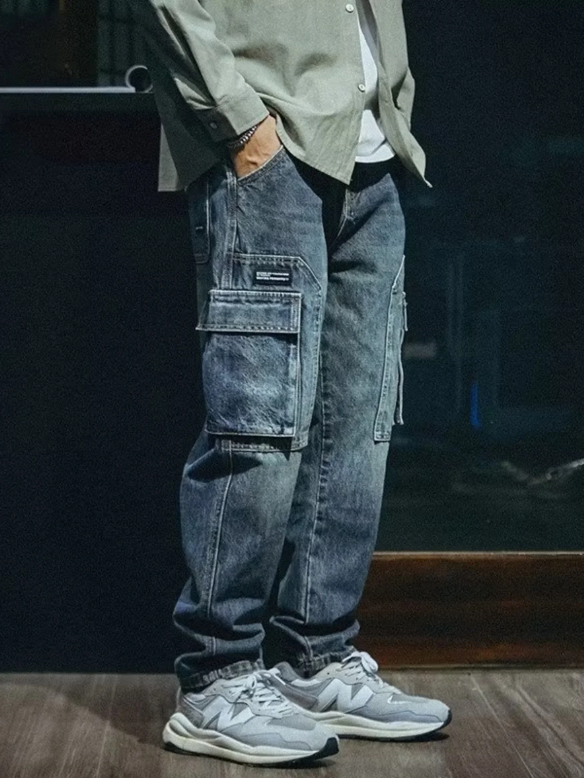 

American Retro Workwear Jeans Loose Straight Leg Multiple Pockets Large Size Casual Long Trousers for Men Youth Fashion