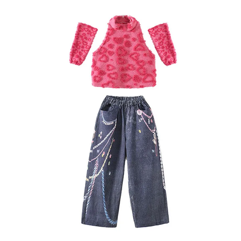 طفل Kpop الهيب هوب الملابس الوردي الصوف وهمية الرقبة المحاصيل تانك رمادي عادية طباعة فضفاض الجينز السراويل للفتيات أزياء رقص الملابس