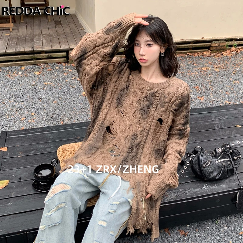 ReddaChic Women Ripped Dirty Brown Sweater Cable Knit Irregular Raw Edge Pullover Casual Jumper Top Vintage Fall Winter Clothes