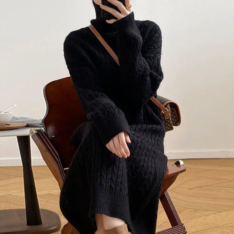 Dresses Women Knitted Long Dress Pullover Turtleneck Autumn Winter Thick Knitting Sweater Maxi Gown Vintage Casual Vestidos