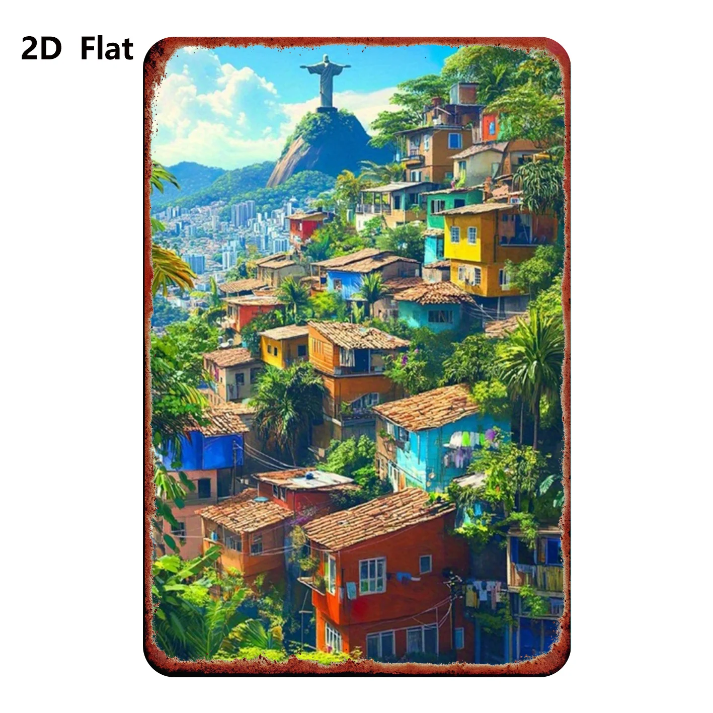 1pc 8*12 Inch Metal Sign, Christ The Redeemer of Rio De Janeiro And Colorful Favela Painting, Decorative Sign & Plaque, Country