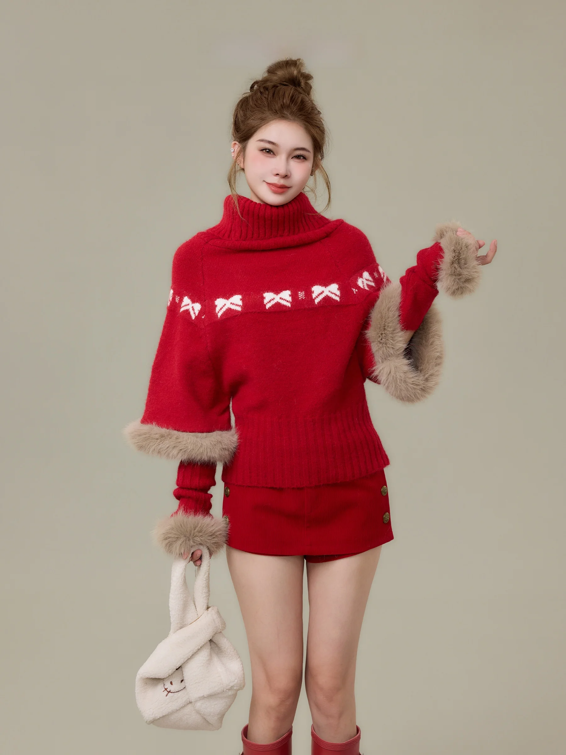 

Red High Collar Knitted Sweater Women's Loose Fit Winter Faion Cross Year Clothing Detail Soft Splicing Long Sve Top