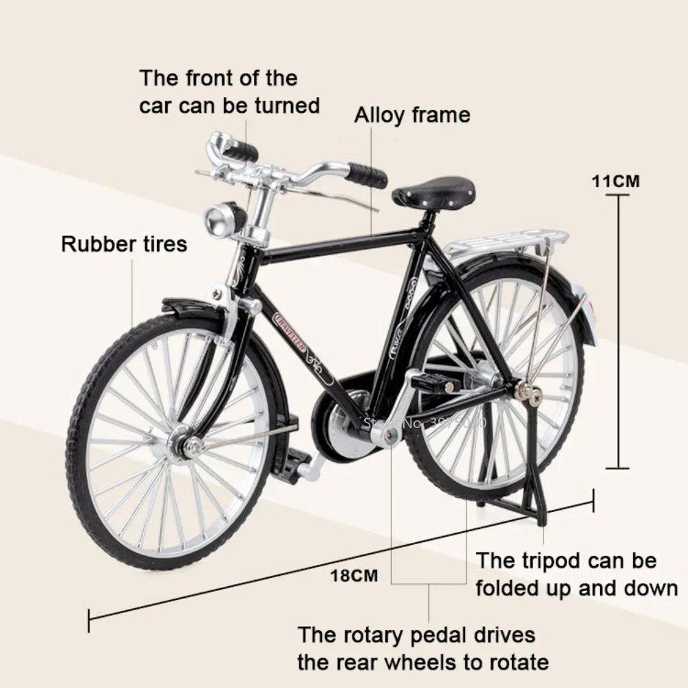 1:10 Scale Alloy Diecast Retro Bicycle Miniature Models Cars Toys Steerable Front Rubber Tires Bicycles Kids Children's Day Gift