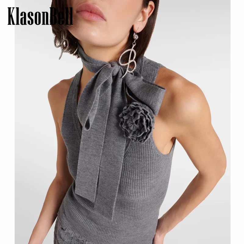 9.24 KlasonBell Women Fashion Three-dimensional Flower Decoration Wave V-Neck Knitted Vest With Ribbon Gray Slim Tank Top