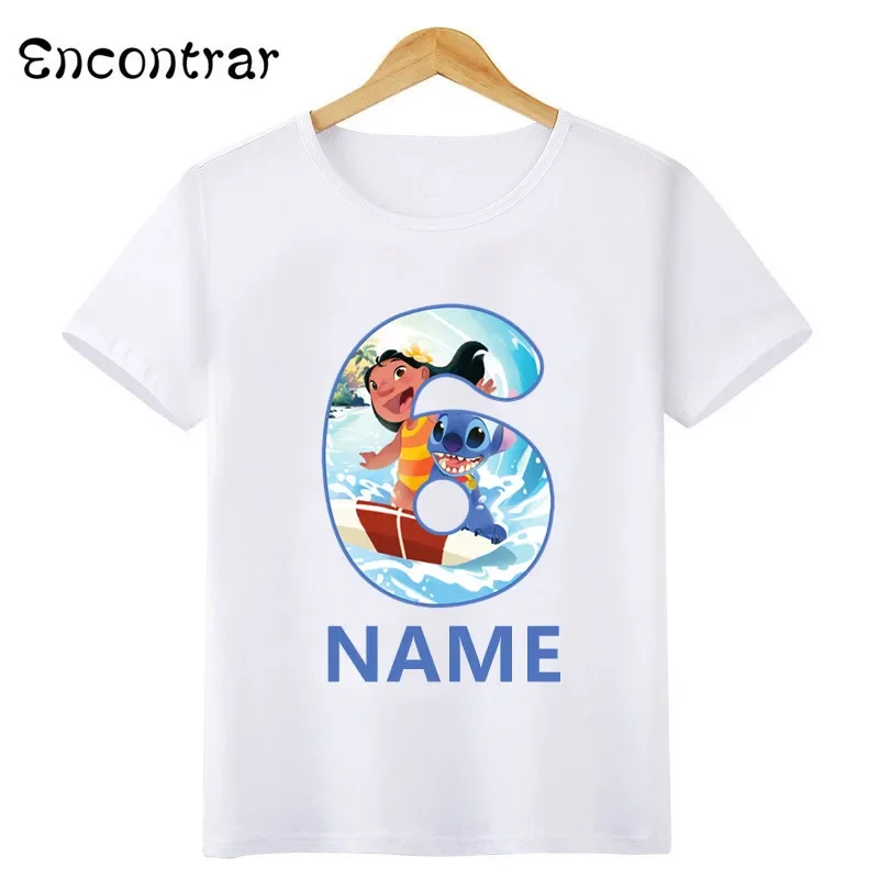 Disney Lilo & Stitch Number Bow Print T shirt Cartoon Kids Clothes 1 2 3 4 5 6 7 8 9 Years Birthday Girls T-Shirts Baby Tops