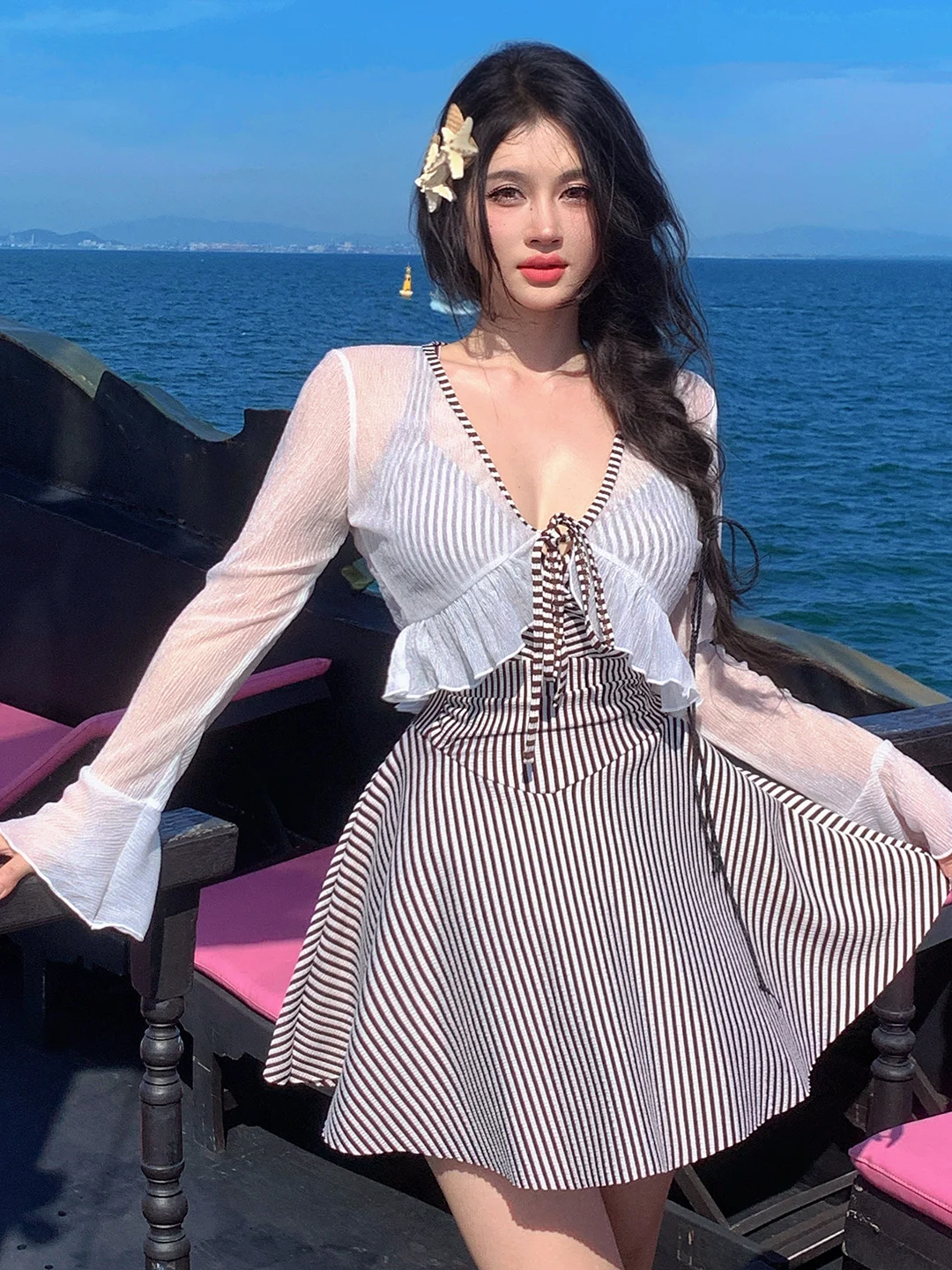 

2026 Sexy Pure Desire Large Chest One-Piece Swimsuit Women's Sleeveless Thermal Dressing Slimming plus Size MM Casual Swimwear