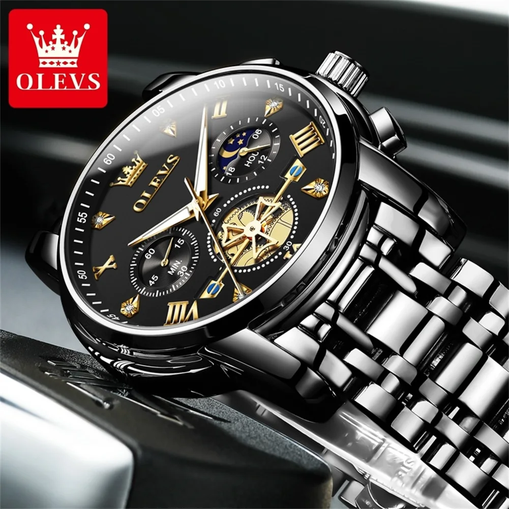 OLEVS 2856 Casual Original Waterproof Luminous Quartz Wristwatch Moon Phase Steel Strap  Watches For Man Gifts Box Reloj