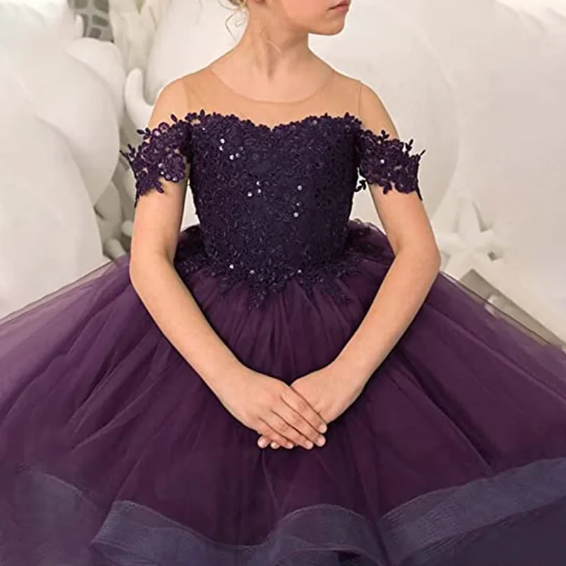 Vestidos de niña de flores personalizados, tul morado escalonado con manga de lazo de cola para boda, fiesta de cumpleaños, vestidos de primera comunión