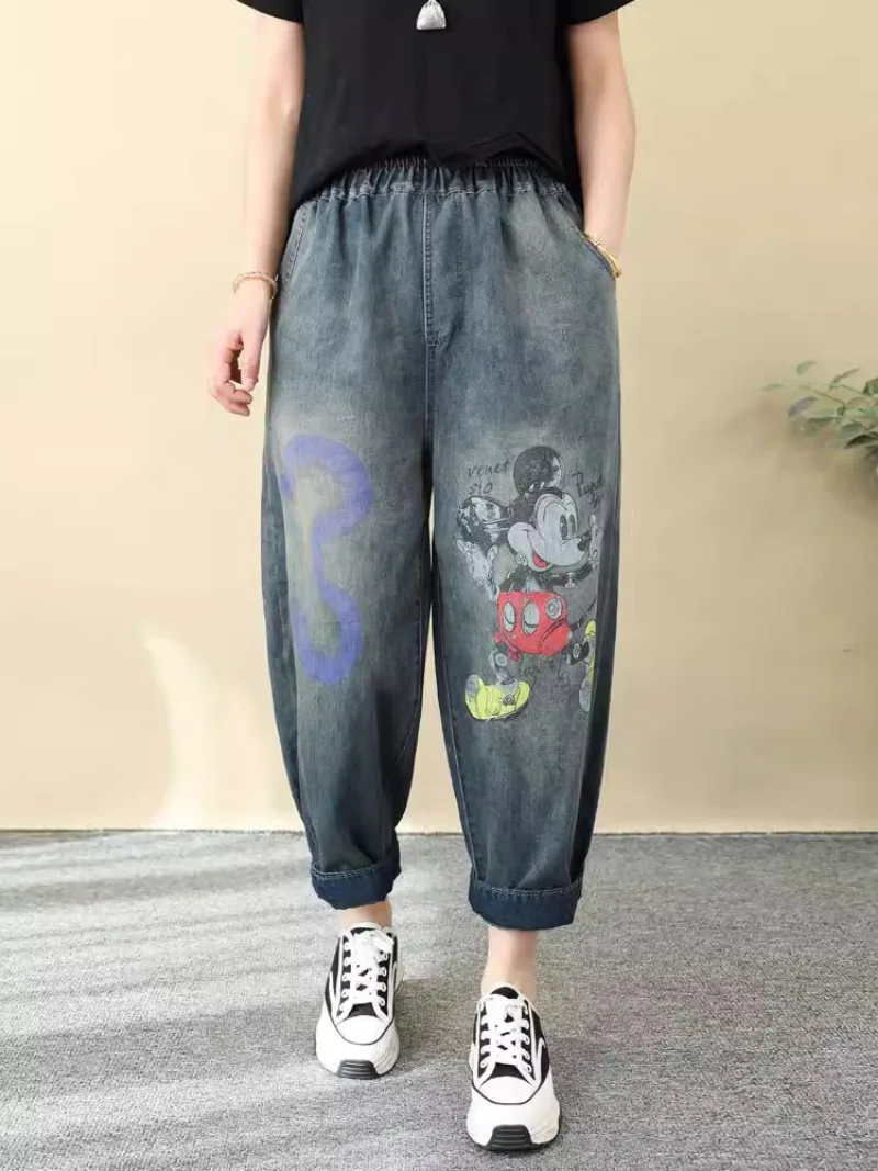 Retro And Old Gradual Change Cartoon Printed Jeans Women's Loose Oversize Denim Nine-point Harlan Pants Thin Summer Y2k Trousers