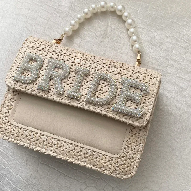 Bride Pearl woven bag Bridal Shower country rustic boho beach pool Wedding Engagement Honeymoon trip Bachelorette hen Party Gift