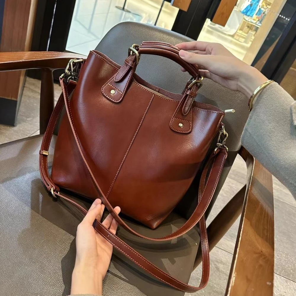 2024 Retro Vegetable Tanned Skin Bucket Tote Green Coffee All-match Women's Handbag Big Cow Leather Shoulder Bag 2 Straps