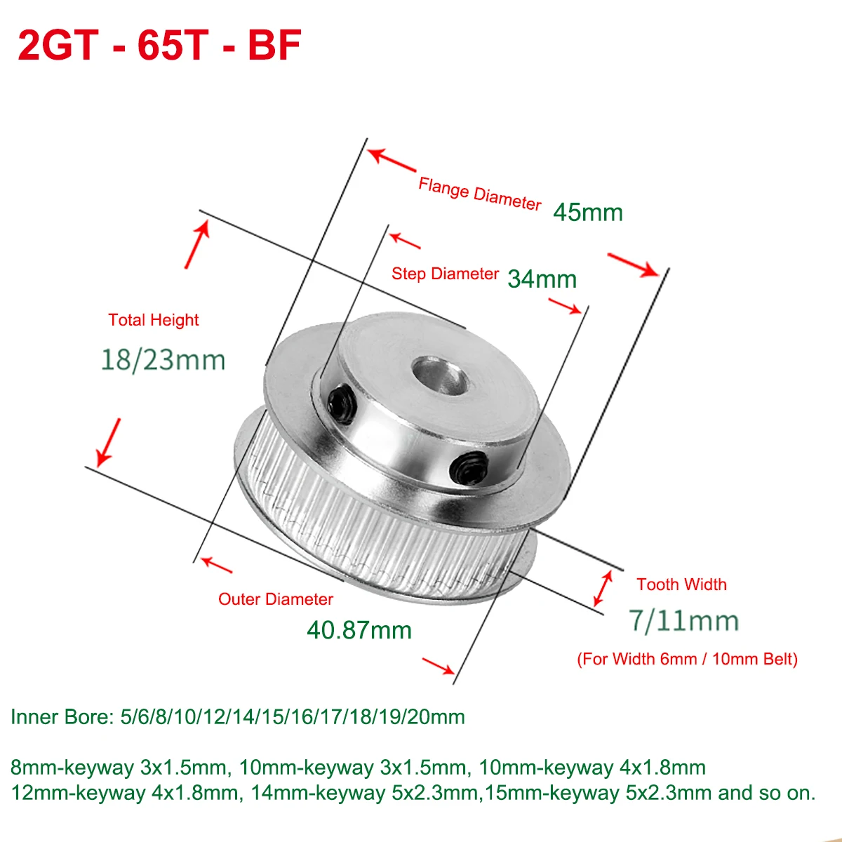 

2GT 65 Teeth Timing Pulley Bore 17/18/19/20mm BF keyway Synchronous Wheel For Width 6/10mm GT2 Timing Belt 3D Printer Parts