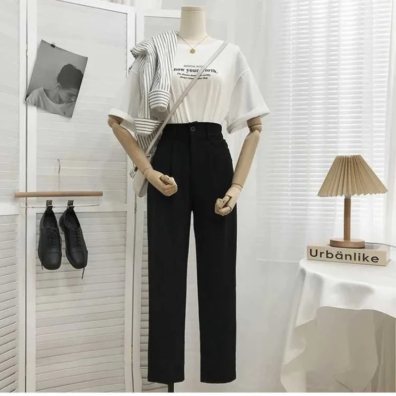 Women Office Pant Fashion Elastic High Waist Pants Women Loose Straight Black Trouser Female Nine Points Suit Pant Streetwear