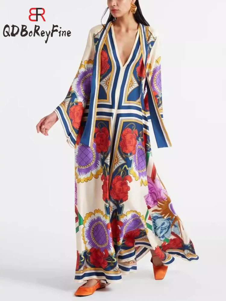 2024 Nieuw In Dames Zomerjurk Elegant Bedrukt Losse Vestidos De Mujer Lange Mouw Veters Boho Oversized Maxi Jurk Voor Dames