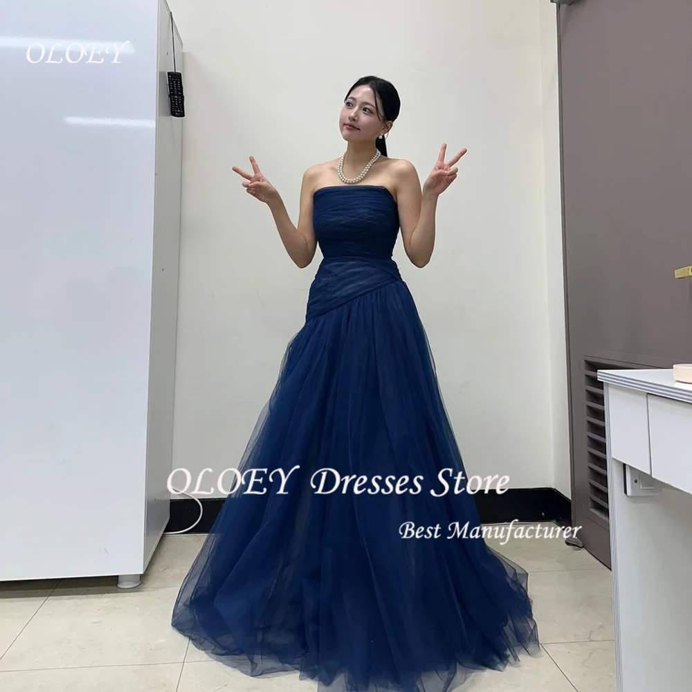 

OLOEY Elegant Navy Blue Korea Wedding Dresses Strapless Pleats Tulle Mermaid Customized Photo Shoot Dress Bride Reception Dress