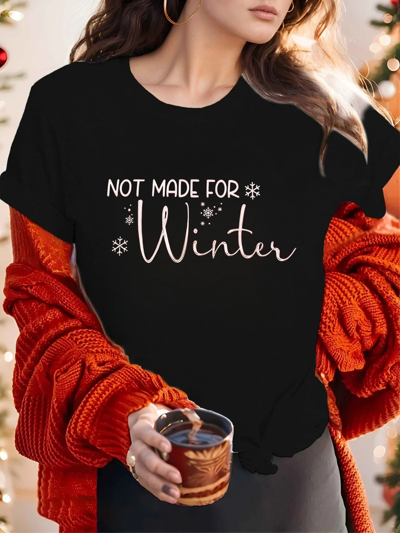 طباعة نص ندفة الثلج لعيد الميلاد، قميص نسائي، ملابس للعطلات