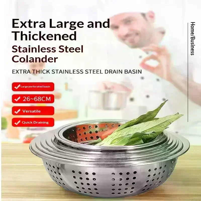 

1Pcs 2224/2628/30/34CM Rice Sieve Strainer Stainless Steel Colander Kitchen Helper Big Drainer Basin