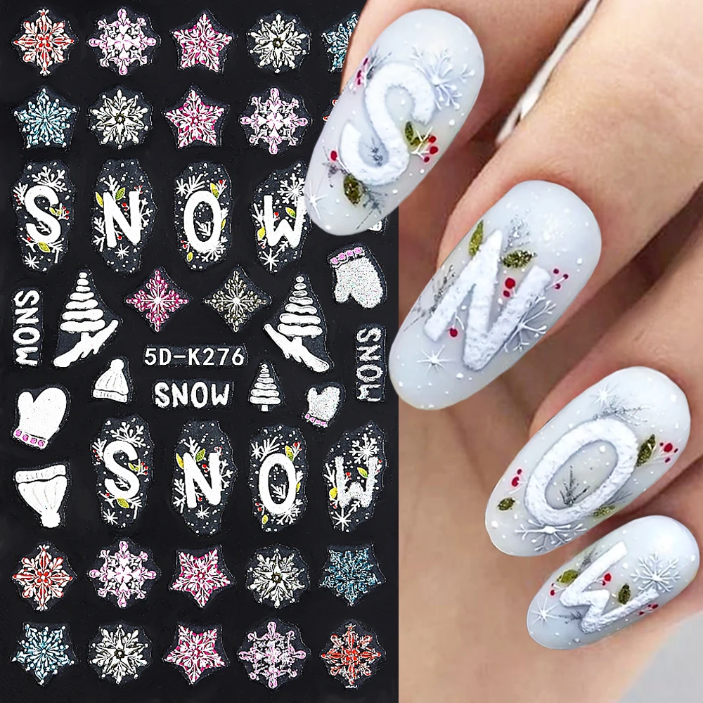 5D White Snow Nail Stickers Glitter Snowflake Elk Tree House Nail Decals Winter Design Cute Cartoon Xmas Decorations NL5D-K276