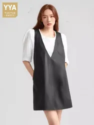 Autumn New Women Deep V Neck Tank Dress Casual Streetwear Fashion Lady Sheepskin Genuine Leather Mini Dress Sleeveless Sundress