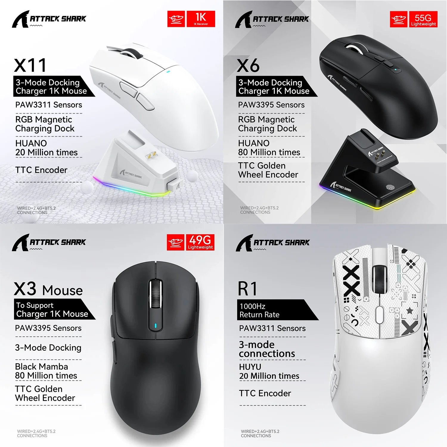 

Беспроводная игровая мышь Attack Shark X11 X6 X3 R1, RGB, эргономичная, макрофункция, сверхлегкая, трехрежимная проводная Bluetooth 2,4G