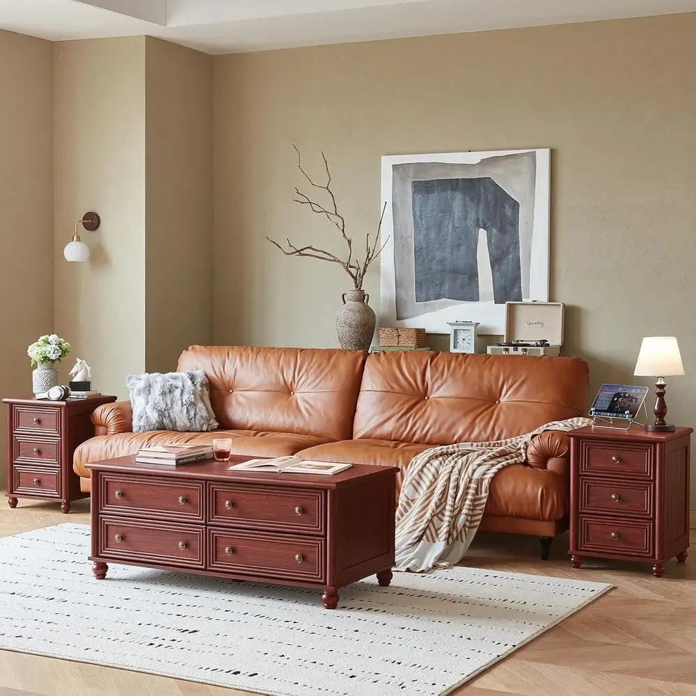 زوج من 18 طاولة ليلية للمزرعة من خشب البلوط الأحمر مع درجين و3 أدراج، وحدة تخزين، وعمود روماني لغرفة النوم وغرفة المعيشة والخزانة