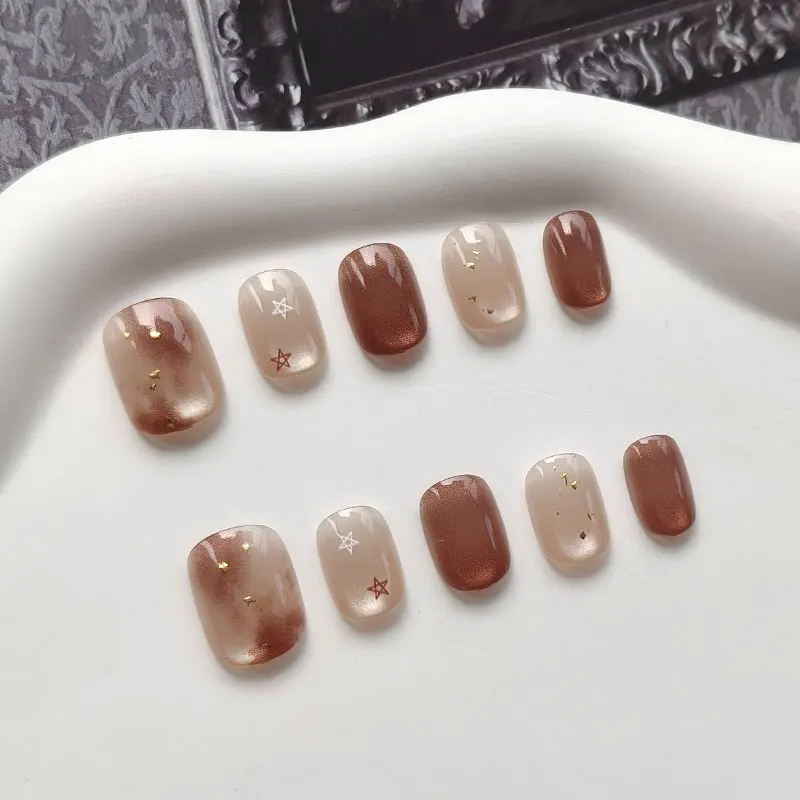 10Pcs New Autumn/Winter Caramel Star Press on Nails Cat Eye Short-Length Maillard False Nails Nail Art Gradient Removable Nails
