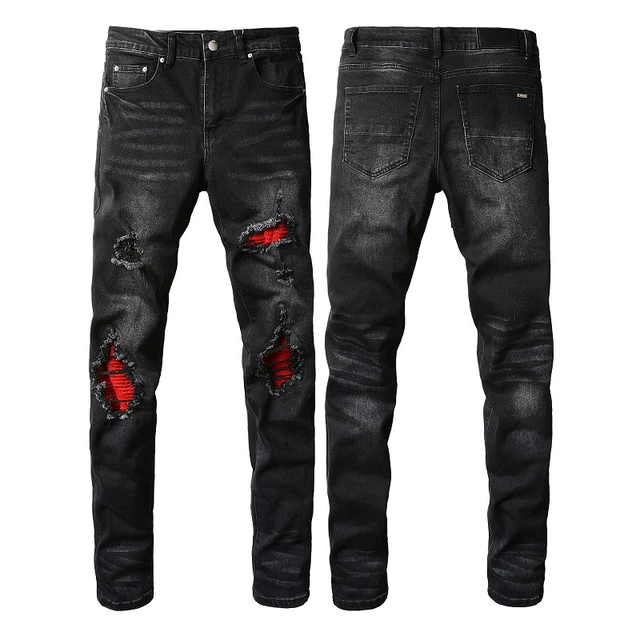 Mens black jeans with red stripe outlet