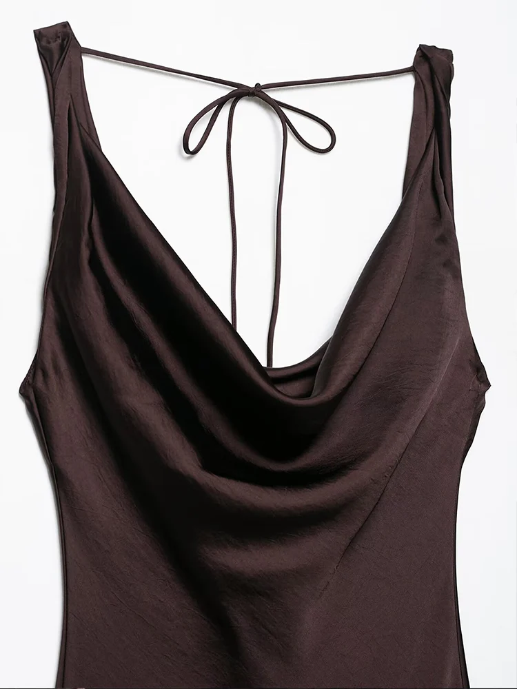 Europejski i amerykański styl wiosenny nowy trend w modzie damskiej temperament satynowa tekstura drapowany kołnierz sukienka bez pleców