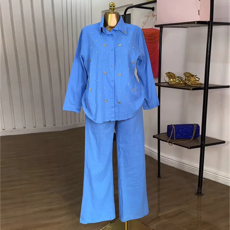 

Women's Summer 2025 Sweet Fresh Lapel Long Sleeve Beaded Shirt High Waist Straight Pants Two-Piece Set